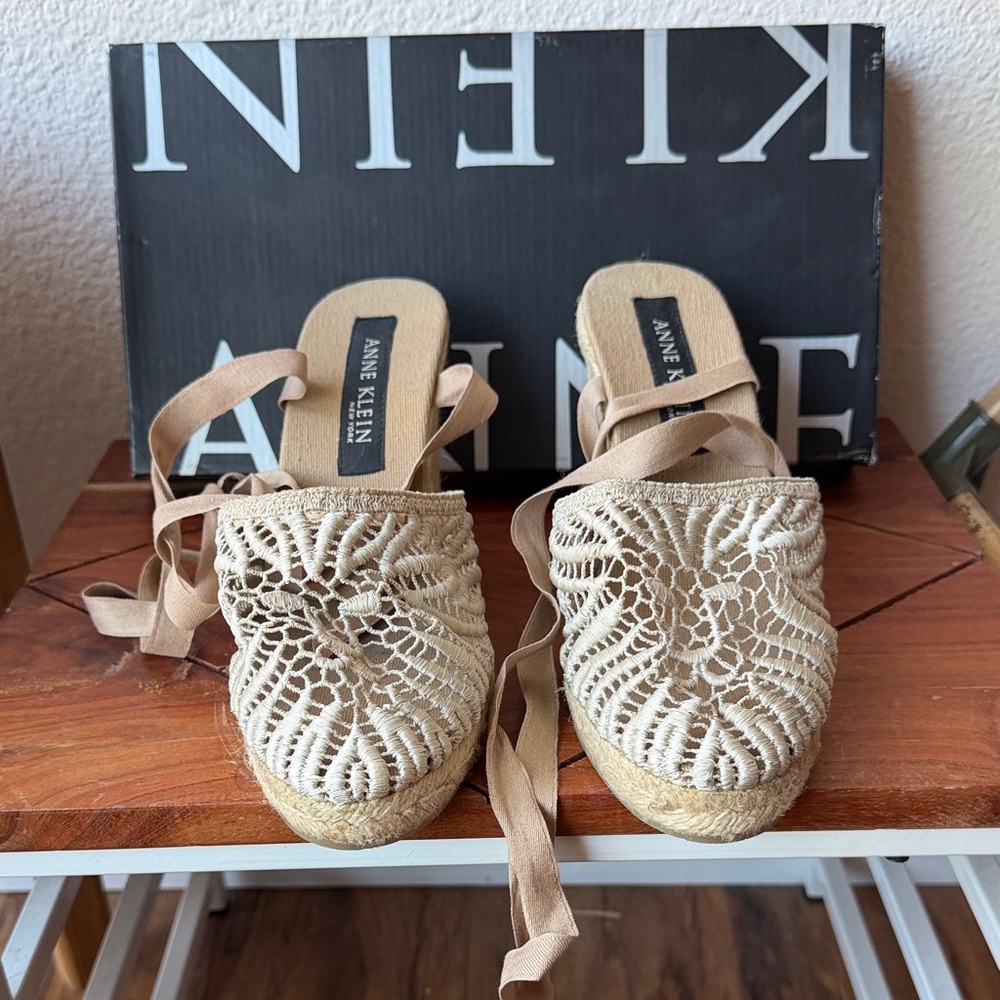 Anne Klein Crochet Espadrille Lace-Up Mules in Beige